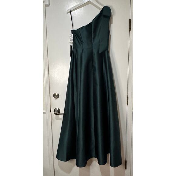 Alfred Sung One-Shoulder w/ Bow Gown Dress Evergreen Satin Size 6 R NWT Elegant - Picture 11 of 16